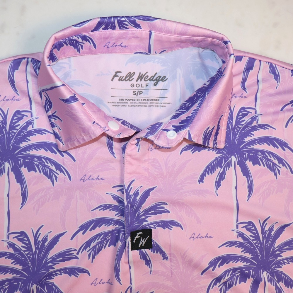 Full Wedge Golf Mens Small Pink Purple Aloha Palm Tree Tropical Performance Polo